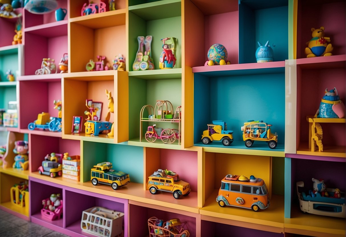 Colorful shelves display toys and specialty items in a vibrant Miami kids store. Unique gifts are showcased, creating a lively and inviting atmosphere