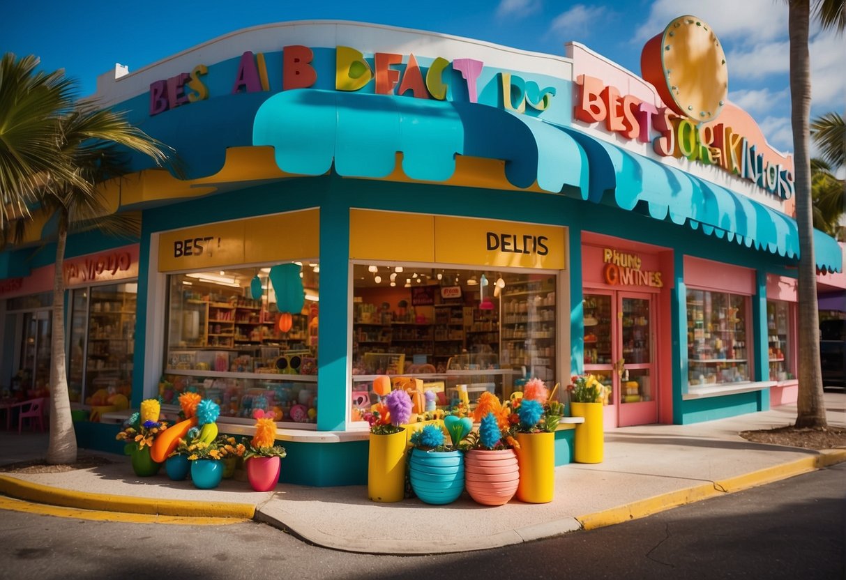 A colorful and vibrant storefront with a "Best Kids Stores in Miami" sign, showcasing a variety of toys, clothing, and accessories for children