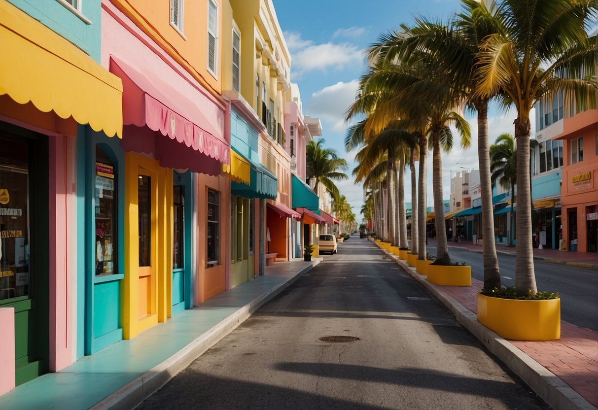 A bustling Miami street lined with colorful storefronts, each catering to a different age group. Bright signage and playful window displays draw in families and children of all ages