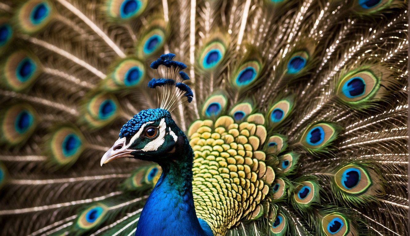 A majestic peacock spreads its vibrant feathers, each eye-like pattern glistening in the sunlight, creating a mesmerizing display of color and beauty