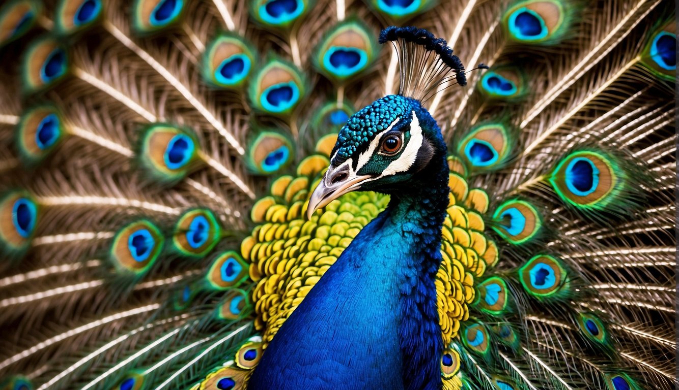 A majestic peacock displays its vibrant plumage, fanning out its iridescent feathers in a mesmerizing display of color and pattern