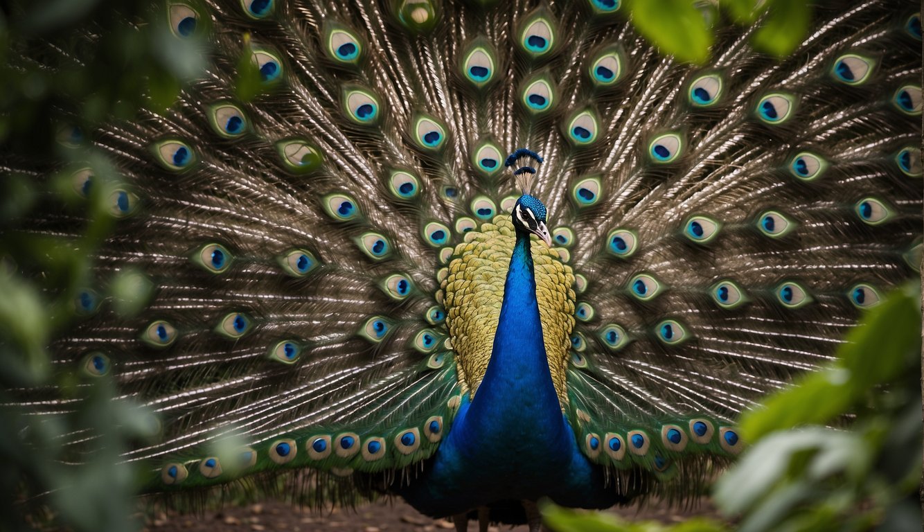A majestic peacock struts through a lush garden, displaying its vibrant plumage adorned with a thousand eyes, captivating all who gaze upon it
