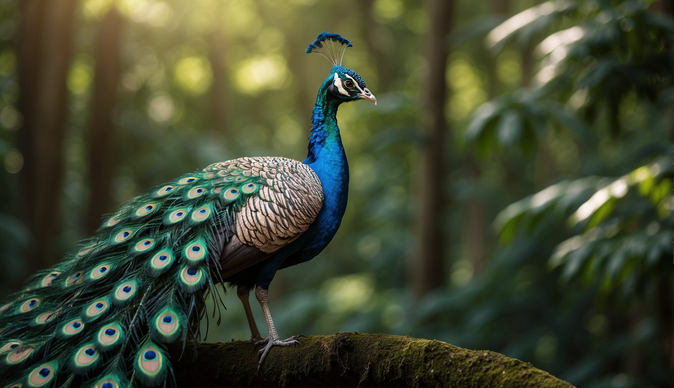A peacock struts through a lush forest, its vibrant feathers catching the sunlight.

It perches on a branch, displaying its magnificent tail, adorned with a thousand eyes