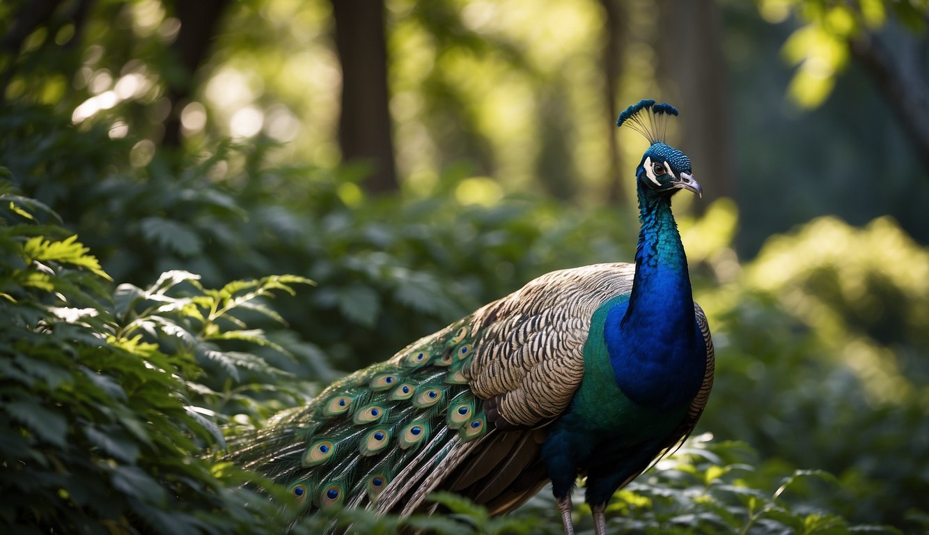 Vibrant peacocks roam freely among lush greenery, their iridescent feathers shimmering in the sunlight.

A variety of wildlife peacefully coexists, creating a harmonious and diverse ecosystem