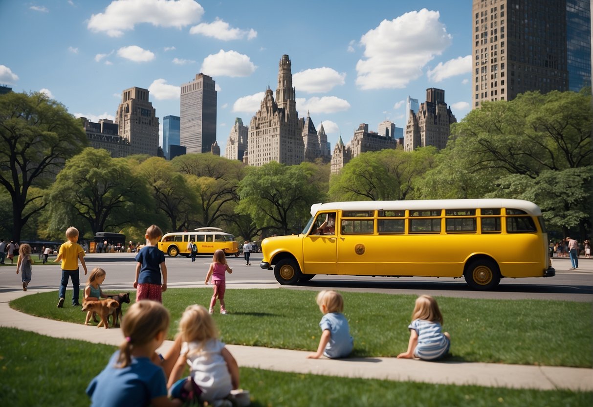 Children playing in Central Park, riding carousels, and visiting the American Museum of Natural History. Skyscrapers and yellow taxis in the background
