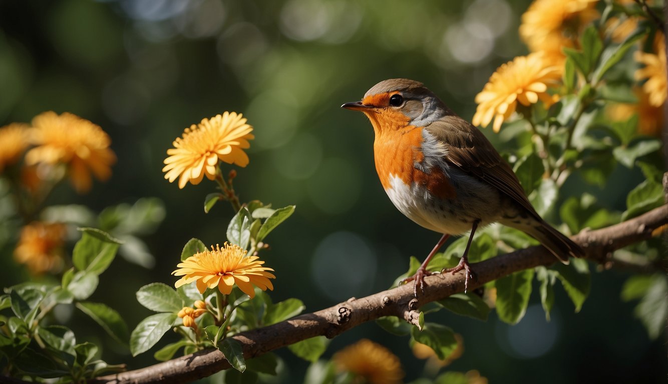 A robin perched on a branch, surrounded by blooming flowers and lush greenery, with the morning sun casting a warm glow over the garden