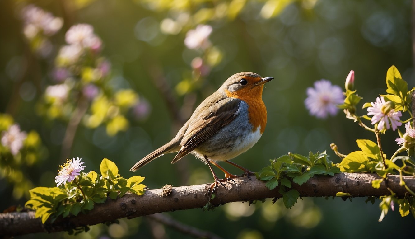 A robin perched on a branch, surrounded by vibrant flowers and lush greenery, with the morning sun casting a warm glow on the scene