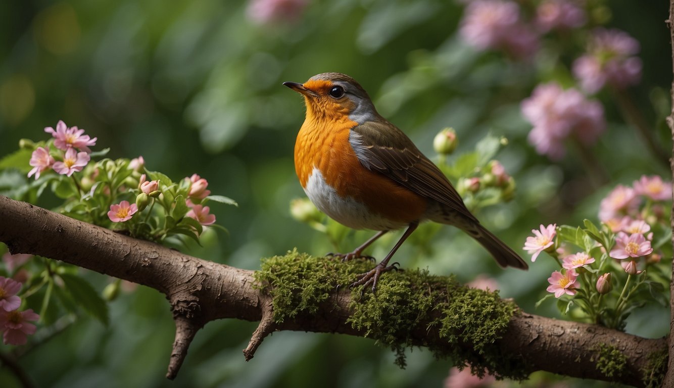 A robin perches on a tree branch, its beak holding a worm.

It surveys the garden, surrounded by lush greenery and colorful flowers