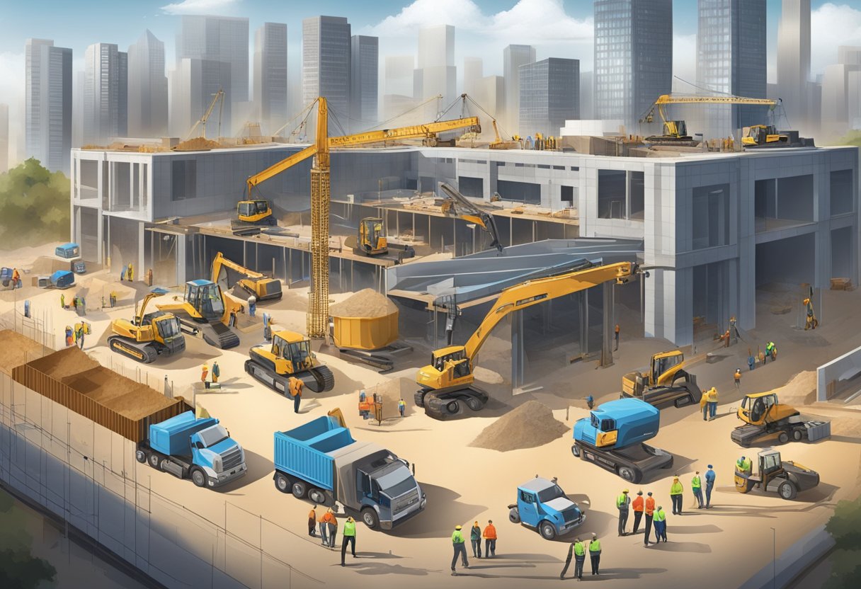 A bustling construction site with various trade workers, showcasing the importance of skilled trades in meeting the growing demand for infrastructure development