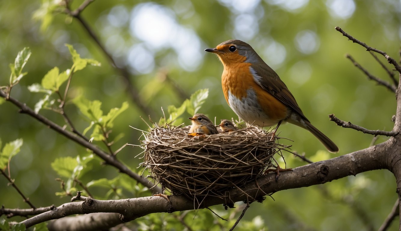 A robin gathers twigs and grass to build a nest in a tree.

The male and female take turns sitting on the eggs. They feed the chicks insects