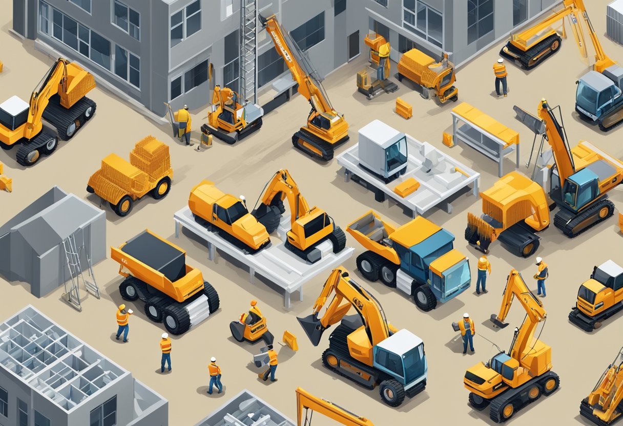 A bustling construction site with workers operating heavy machinery and assembling structures. Various trade jobs such as electricians, plumbers, and carpenters are seen working together to complete a building project