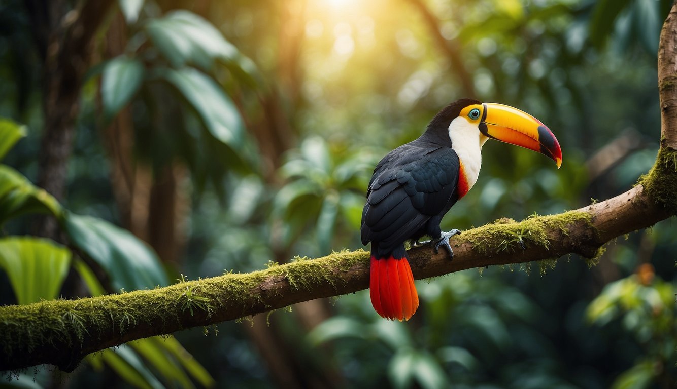 A vibrant toucan perches on a lush branch, its rainbow beak glistening in the sunlight.

The jungle backdrop is teeming with colorful flora and fauna
