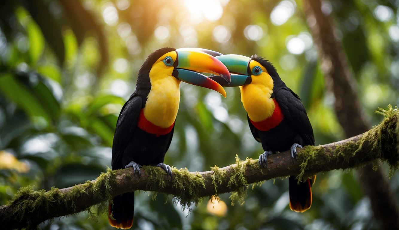 A lush rainforest filled with vibrant toucans perched on tree branches, their rainbow-colored beaks shining in the sunlight