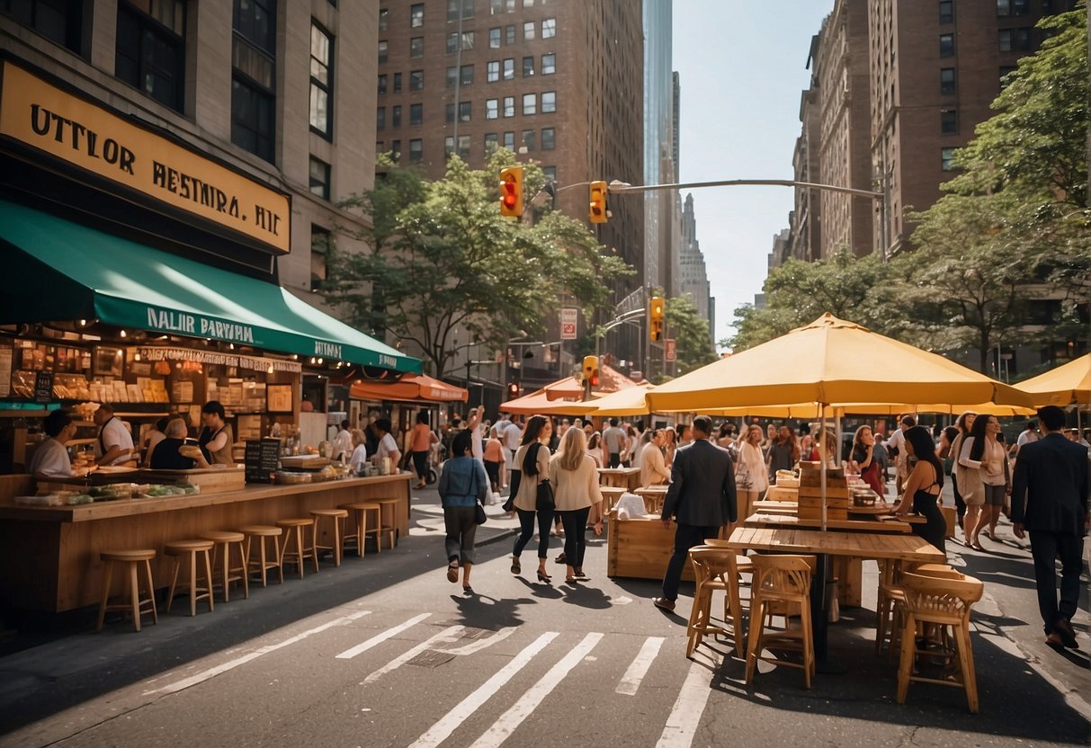 A bustling New York City street with colorful food carts and families dining at outdoor tables. Tall buildings and bright signs create a lively atmosphere