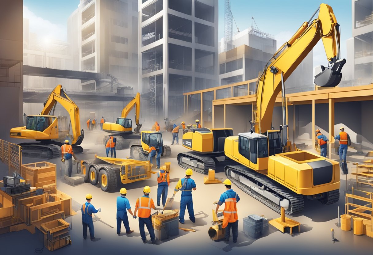 A bustling construction site with various skilled tradespeople working together to build structures, repair equipment, and install systems, showcasing the importance and demand for trade careers