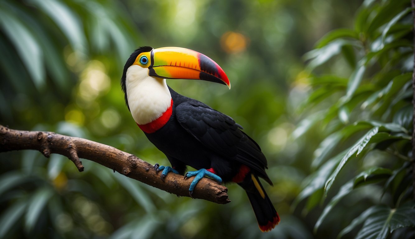 A toucan perches on a tree branch, surrounded by lush rainforest.

It eats a variety of fruits, insects, and small reptiles