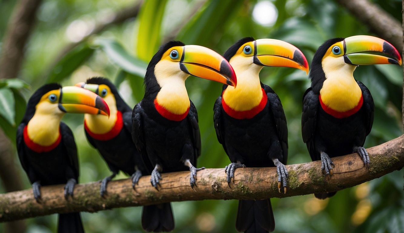 A group of toucans perched on tree branches, chatting and sharing fruit.

The vibrant colors of their beaks stand out against the lush green foliage