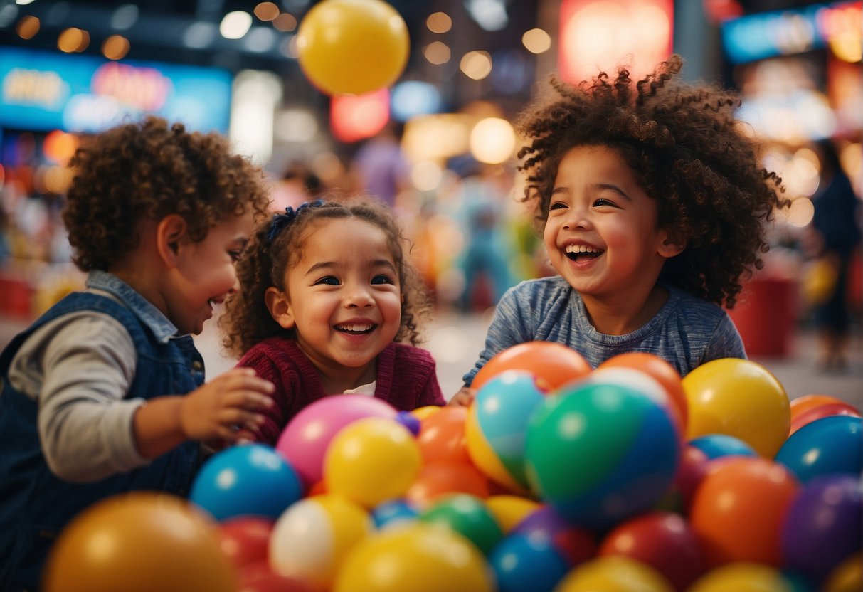 Children laughing and playing in a colorful toy store, while families enjoy a live performance in a bustling Times Square