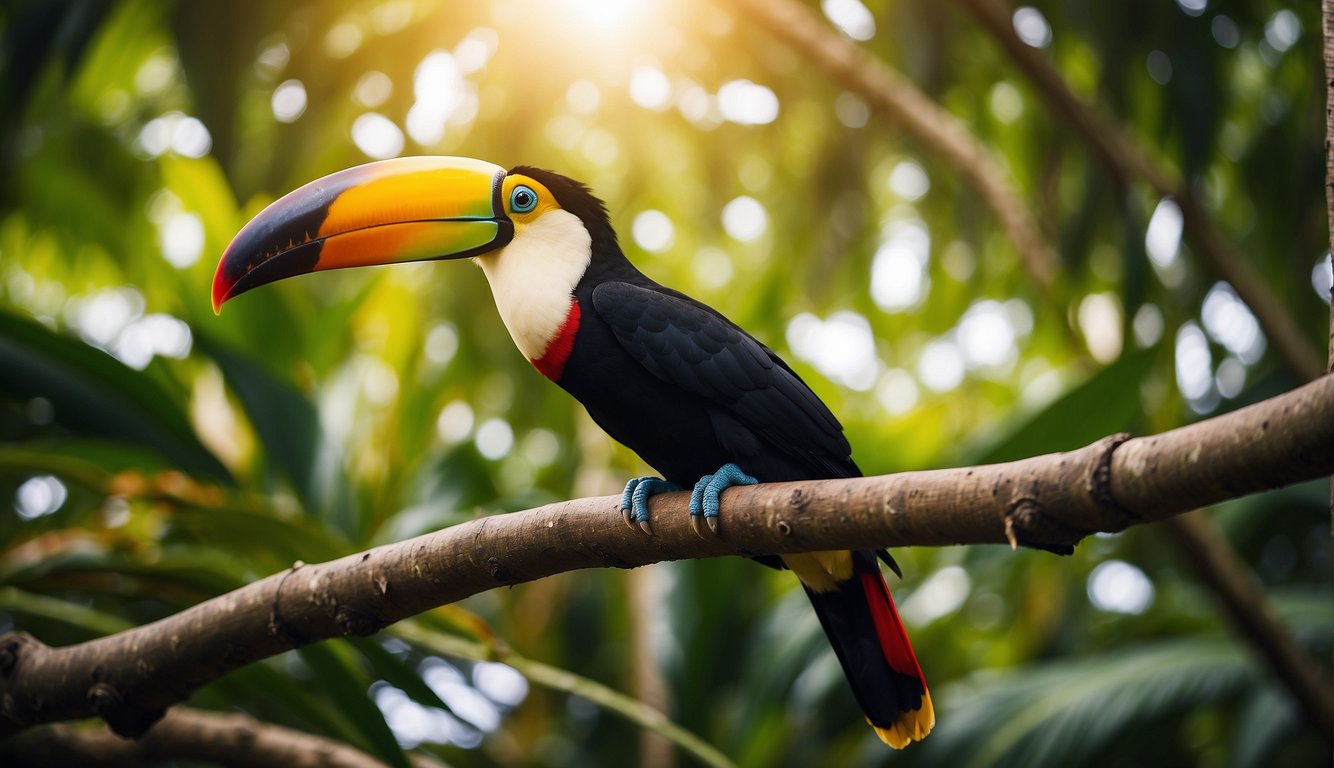 A colorful toucan perches on a lush tree branch, surrounded by vibrant tropical foliage.

A rainbow-like beak catches the sunlight, as the bird appears to be in its natural habitat