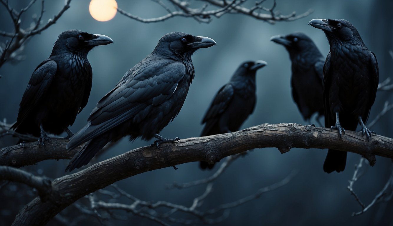 A group of ravens perched on twisted branches, their glossy black feathers shimmering in the moonlight.

One raven gazes intently, as if contemplating the secrets of the universe