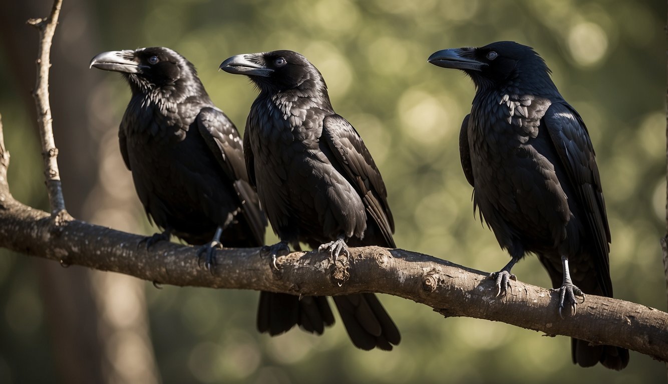 A group of ravens perched on a branch, their sleek black feathers glistening in the sunlight.

One raven holds a shiny object in its beak, while another appears to be communicating with the rest of the group