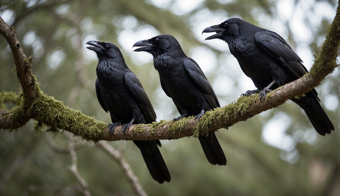 Ravens perched on tree branches, communicating with complex calls and gestures, sharing food, and engaging in playful interactions