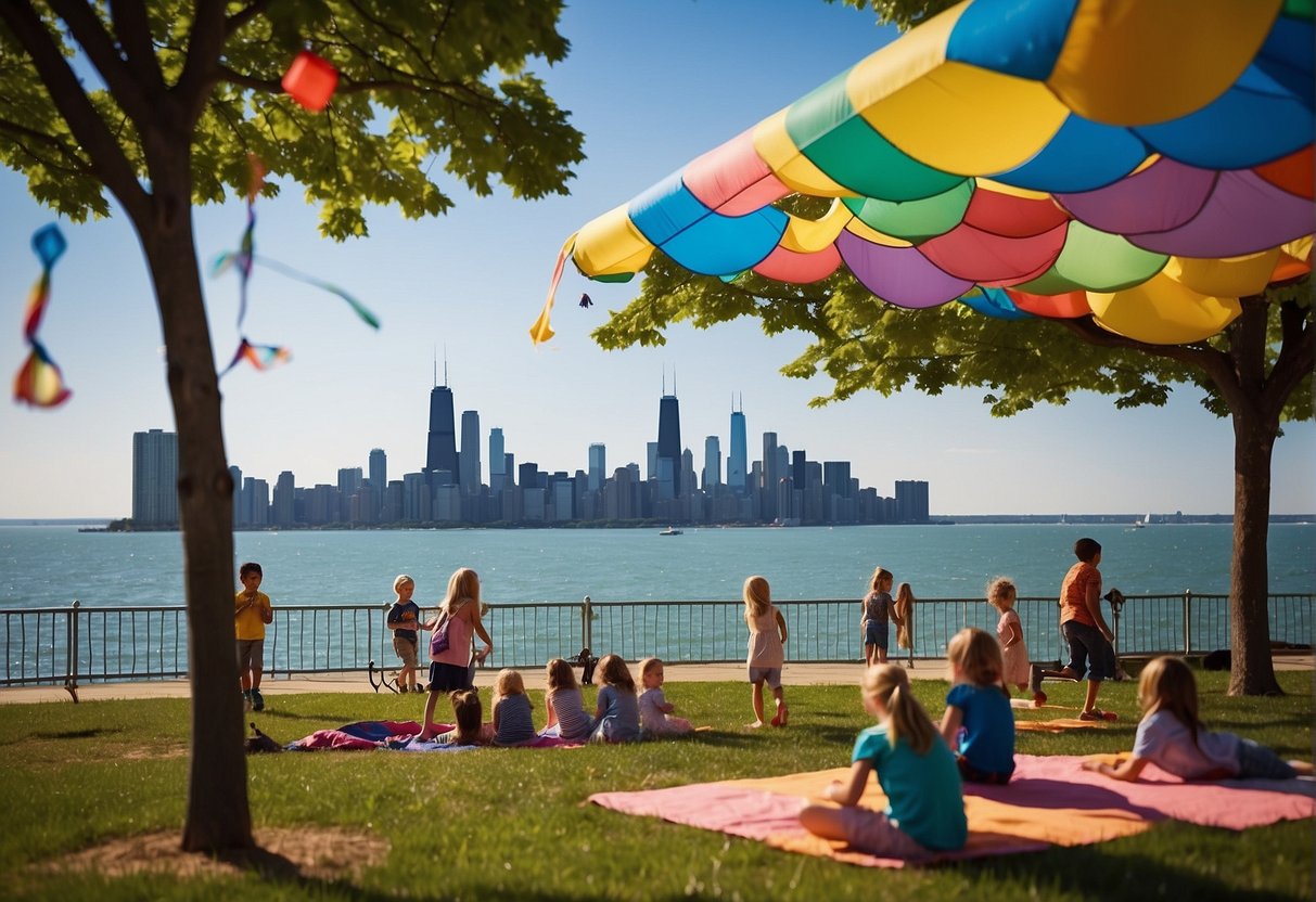Children playing in a colorful playground with a backdrop of the Chicago skyline and Lake Michigan. The scene includes families picnicking and flying kites on the grassy area nearby