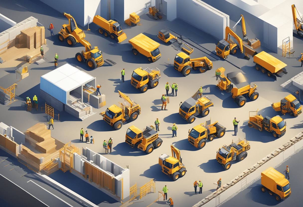 A bustling construction site with various skilled tradespeople working on different projects, showcasing the growing demand and importance of trade jobs