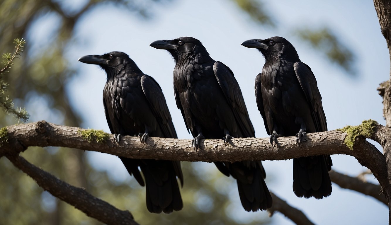 A pair of sleek black ravens perched on a gnarled tree branch, their glossy feathers catching the light.

The birds exude an air of intelligence and mystery, their sharp eyes surveying the world below
