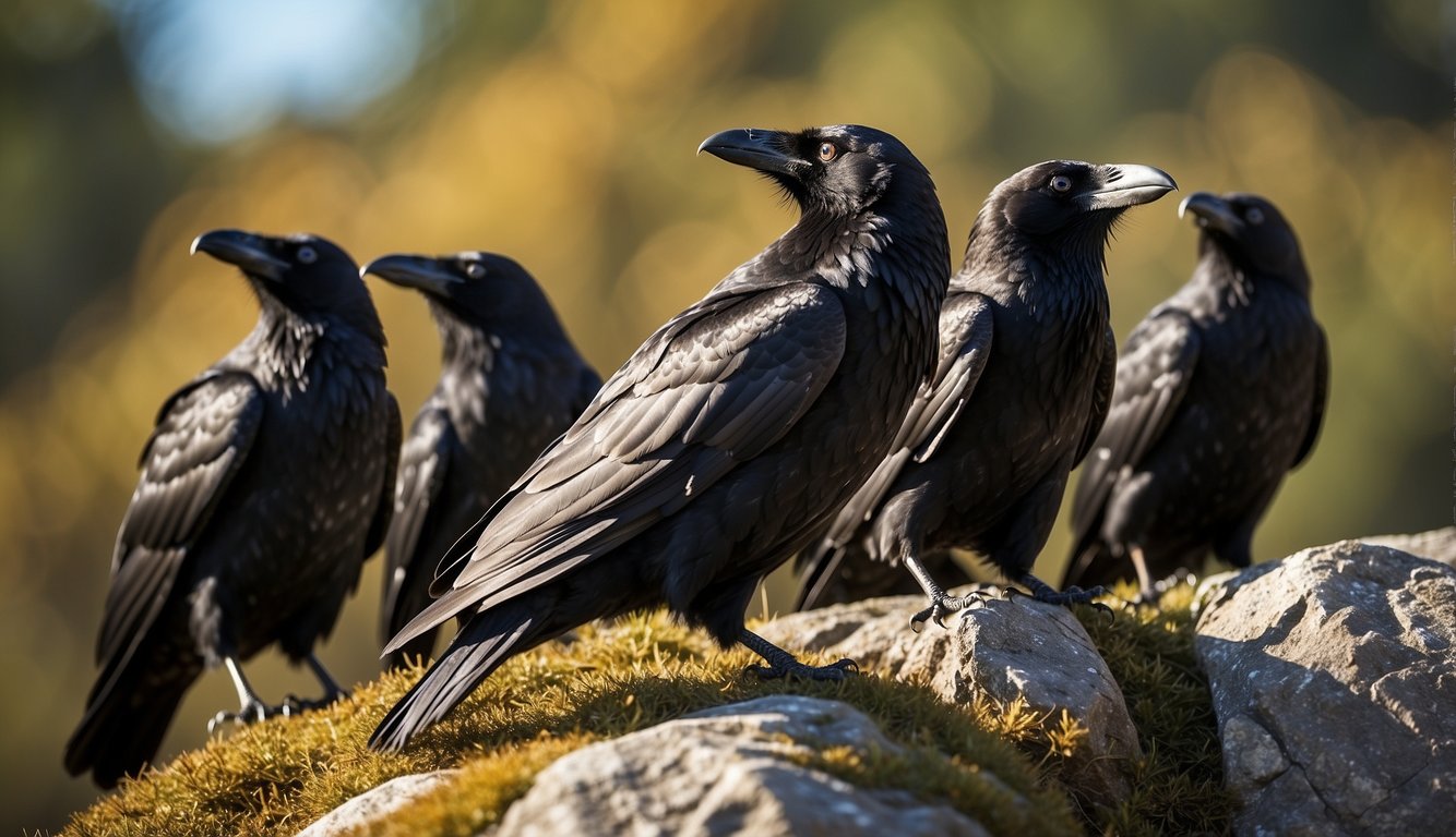 A group of ravens perched on a rocky cliff, their glossy black feathers catching the sunlight.

They appear to be communicating with each other, their sharp eyes focused on something in the distance