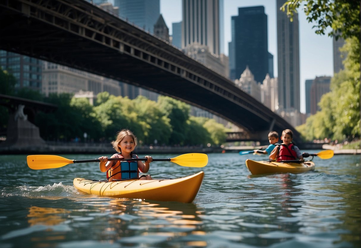 Children kayak on the Chicago River, passing under iconic bridges and skyscrapers. Families picnic in Millennium Park, while others bike along the Lakefront Trail