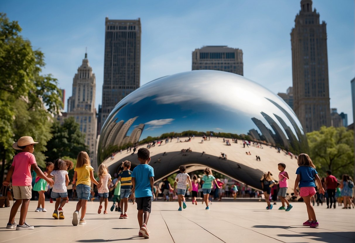 Children explore a vibrant cityscape with iconic landmarks like the Bean, Navy Pier, and the Field Museum. Families enjoy cultural activities and interactive exhibits