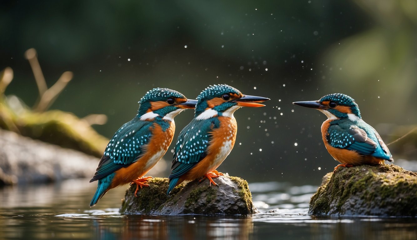 A pair of kingfishers hover above the sparkling river, their vibrant blue and orange feathers catching the sunlight.

With precision and speed, they dive into the water, emerging with shimmering fish in their beaks