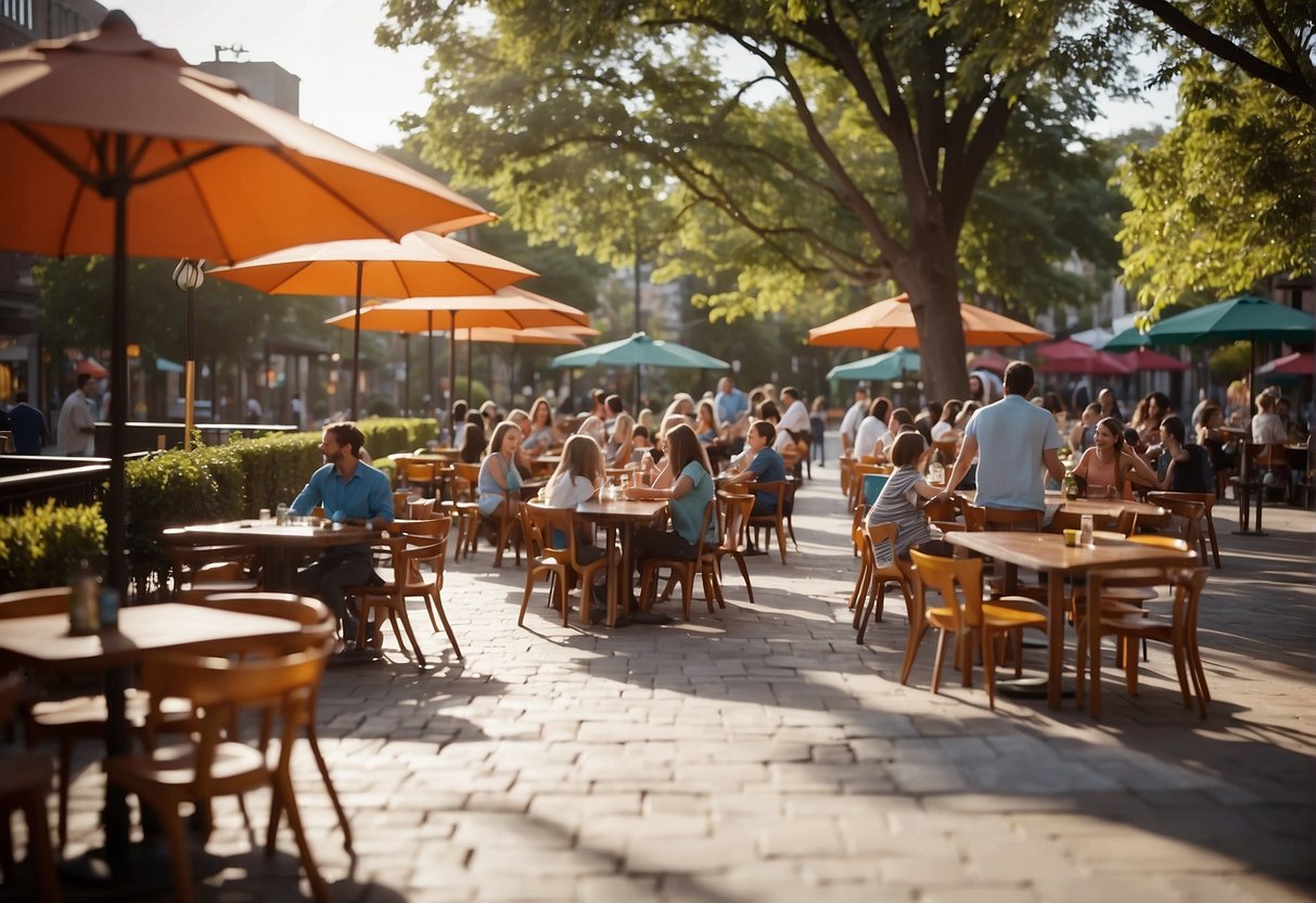 A bustling restaurant with colorful tables and chairs, filled with families enjoying a variety of delicious foods. Outside, children play in a nearby park, laughing and running around