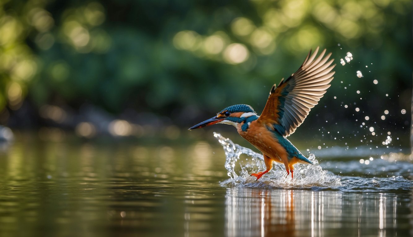 A kingfisher dives into the clear river, its vibrant feathers shimmering in the sunlight.

The lush greenery of the riverbank provides a picturesque backdrop for the agile bird's graceful movements