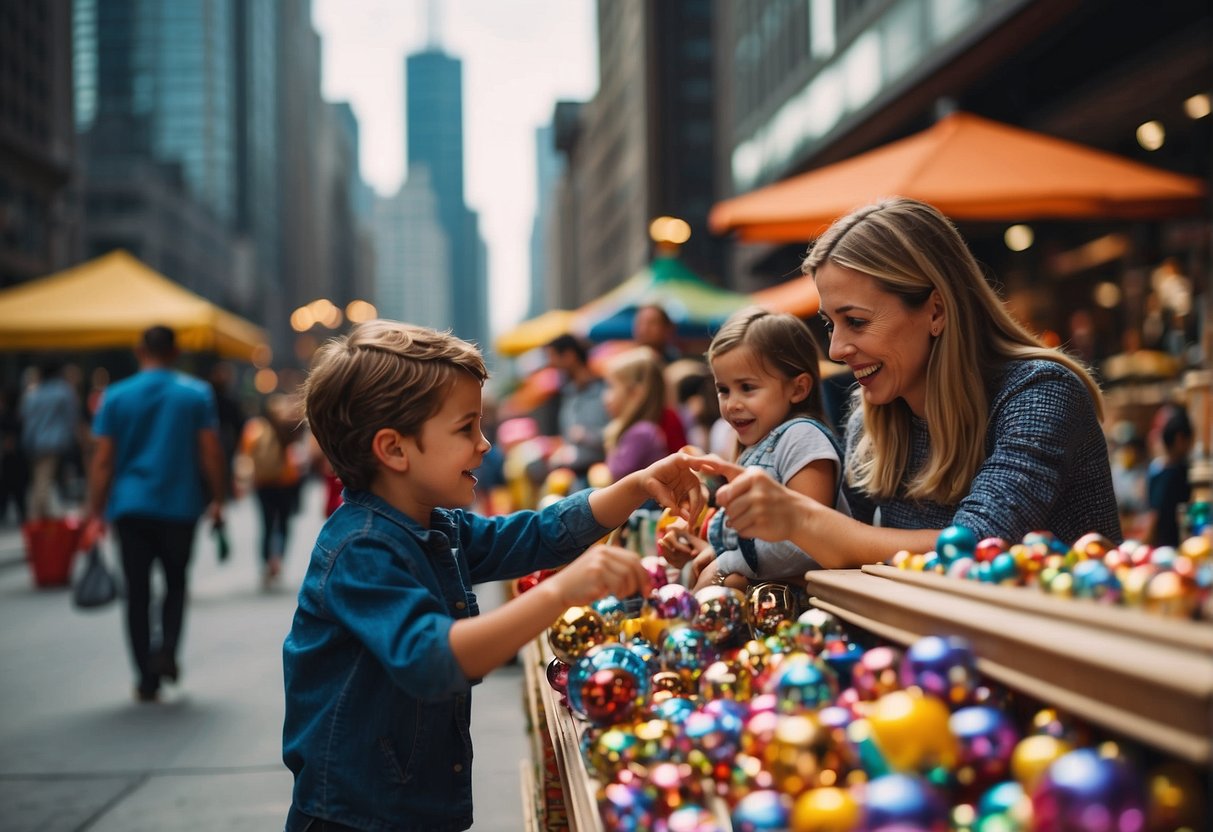 Families browsing colorful souvenir shops in downtown Chicago. Kids excitedly pointing at toys and trinkets. Busy streets and tall buildings in the background