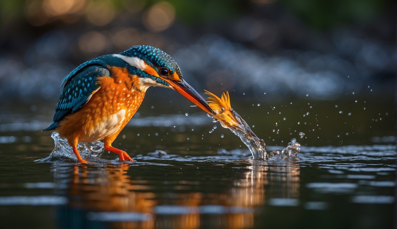 A kingfisher dives headfirst into the river, its sleek body slicing through the water as it hunts for fish.

The sunlight catches the vibrant blue and orange feathers, creating a dazzling display of color against the dark river