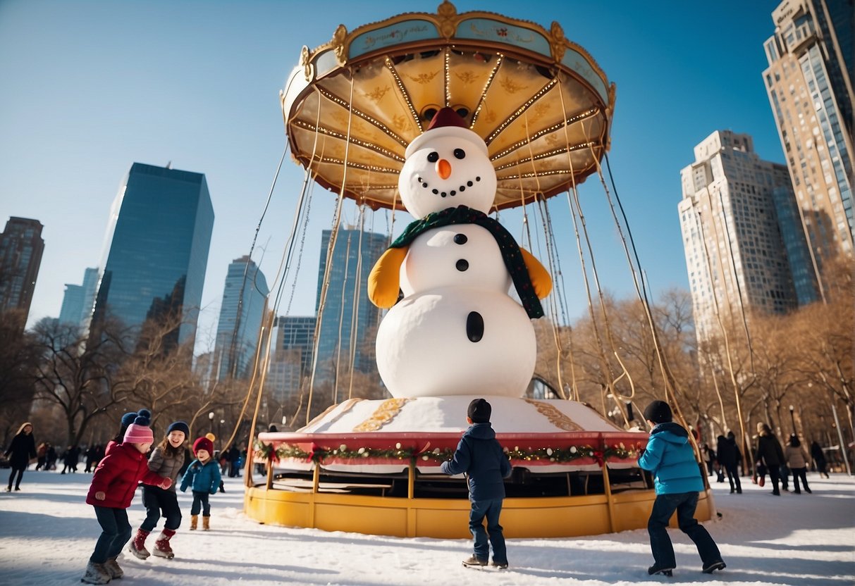 Children playing in a colorful park with a carousel, ice skating rink, and a giant snowman. Families enjoying outdoor activities in a cityscape with tall buildings in the background