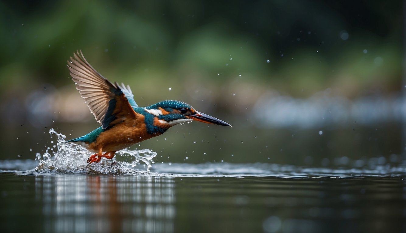 A kingfisher hovers over a clear river, eyes fixed on a school of fish.

With lightning speed, it plunges into the water, emerging with a gleaming prize in its sharp beak