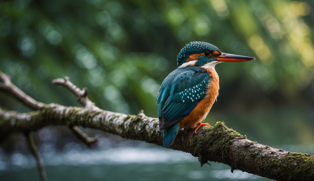 A kingfisher perches on a branch overlooking a clear river, ready to dive for its prey.

The lush greenery and flowing water depict a pristine natural habitat