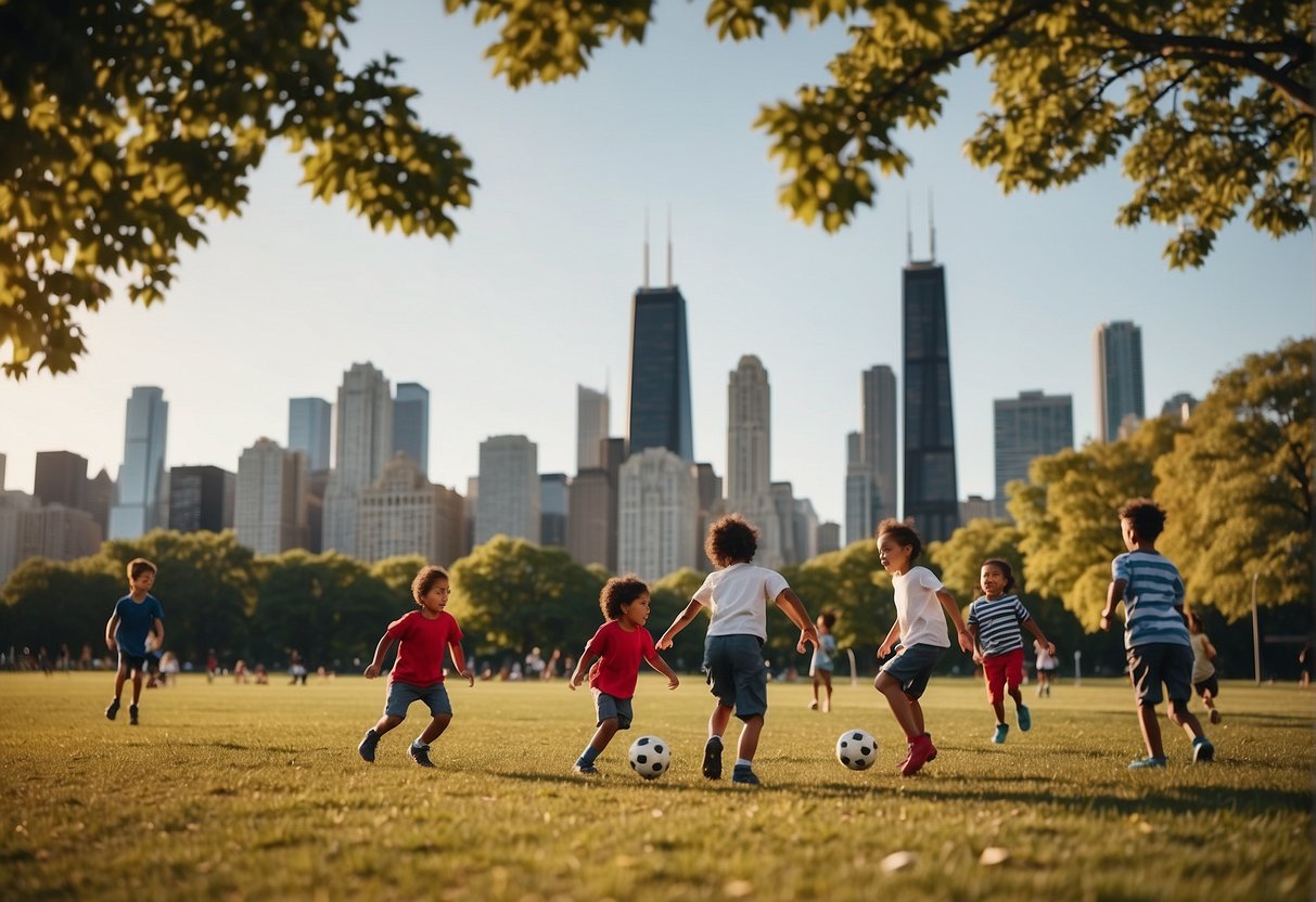 Children playing soccer in a park with the Chicago skyline in the background. Families having picnics and flying kites nearby