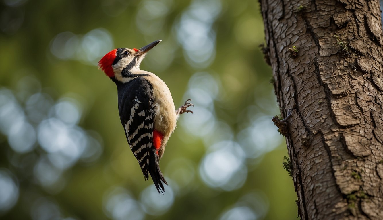 A woodpecker perches on a tall tree, drumming its beak against the bark.

The forest is alive with the rhythmic sounds of woodpeckers in their natural habitat
