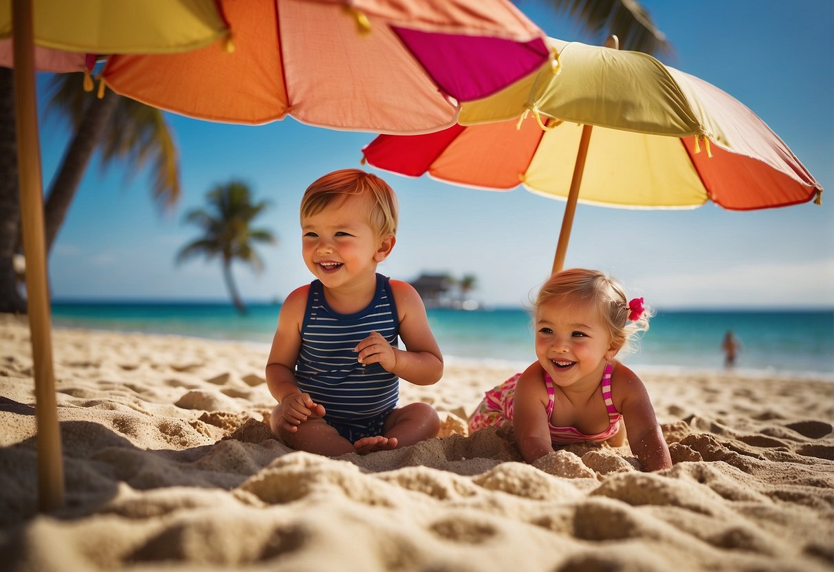 Children playing on sandy beach, building sandcastles and splashing in ocean waves. Colorful beach umbrellas and palm trees line the shore