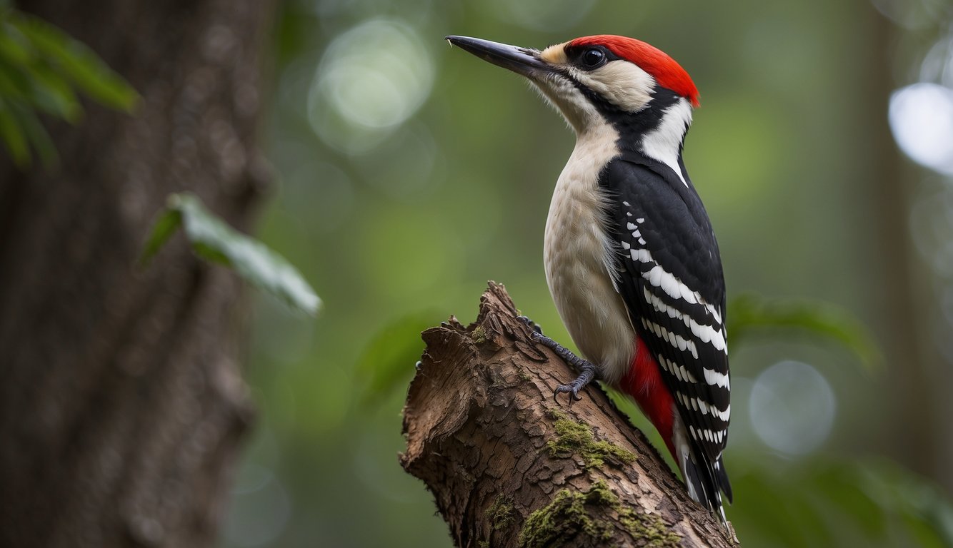 A woodpecker perched on a tree trunk, rhythmically pecking with its beak.

The forest is alive with the sound of drumming as the woodpecker creates a unique beat