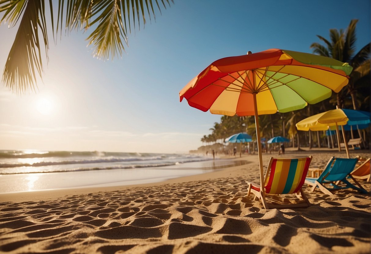 Sunshine illuminates colorful beach umbrellas and palm trees lining the sandy shore. Children build sandcastles and splash in the sparkling ocean waves