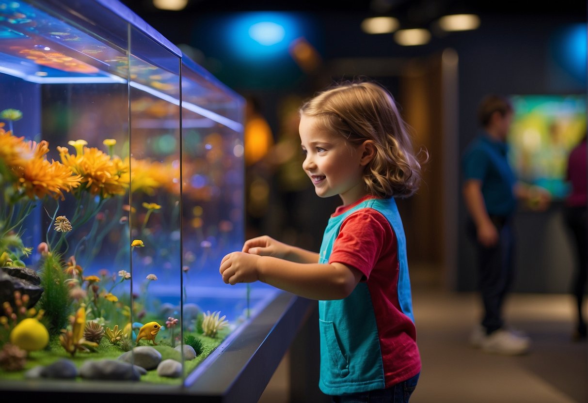Children explore interactive exhibits in a vibrant science center, surrounded by colorful displays and engaging hands-on activities