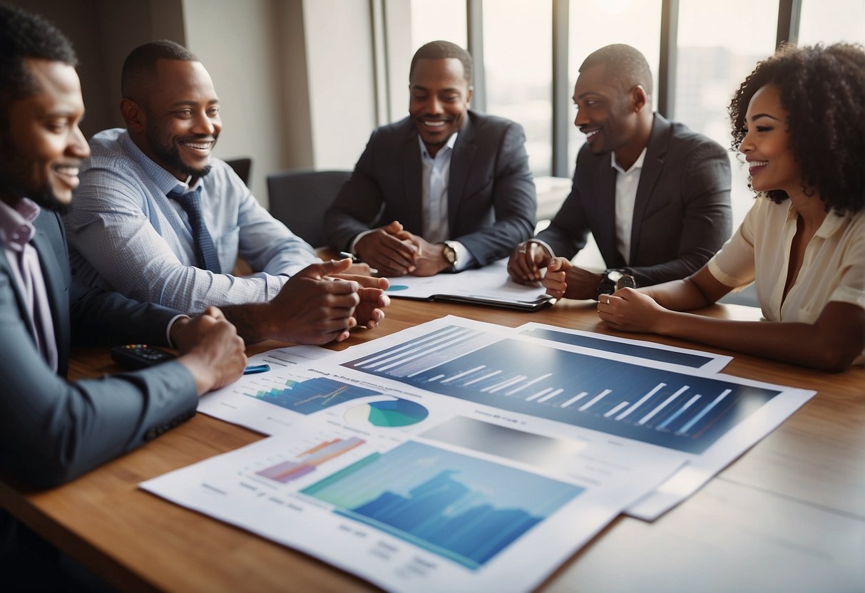 A group of African American individuals gather around a table, discussing financial independence and early retirement. Charts and graphs are displayed, showing their progress and goals