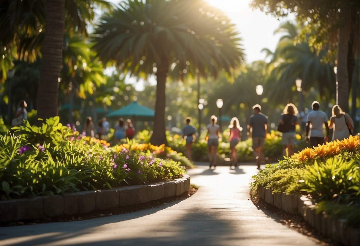 Lush greenery and vibrant flowers fill Miami's parks and gardens. Children play on playgrounds, families picnic, and visitors stroll along winding paths. The sun shines overhead, casting a warm glow on the picturesque scenery