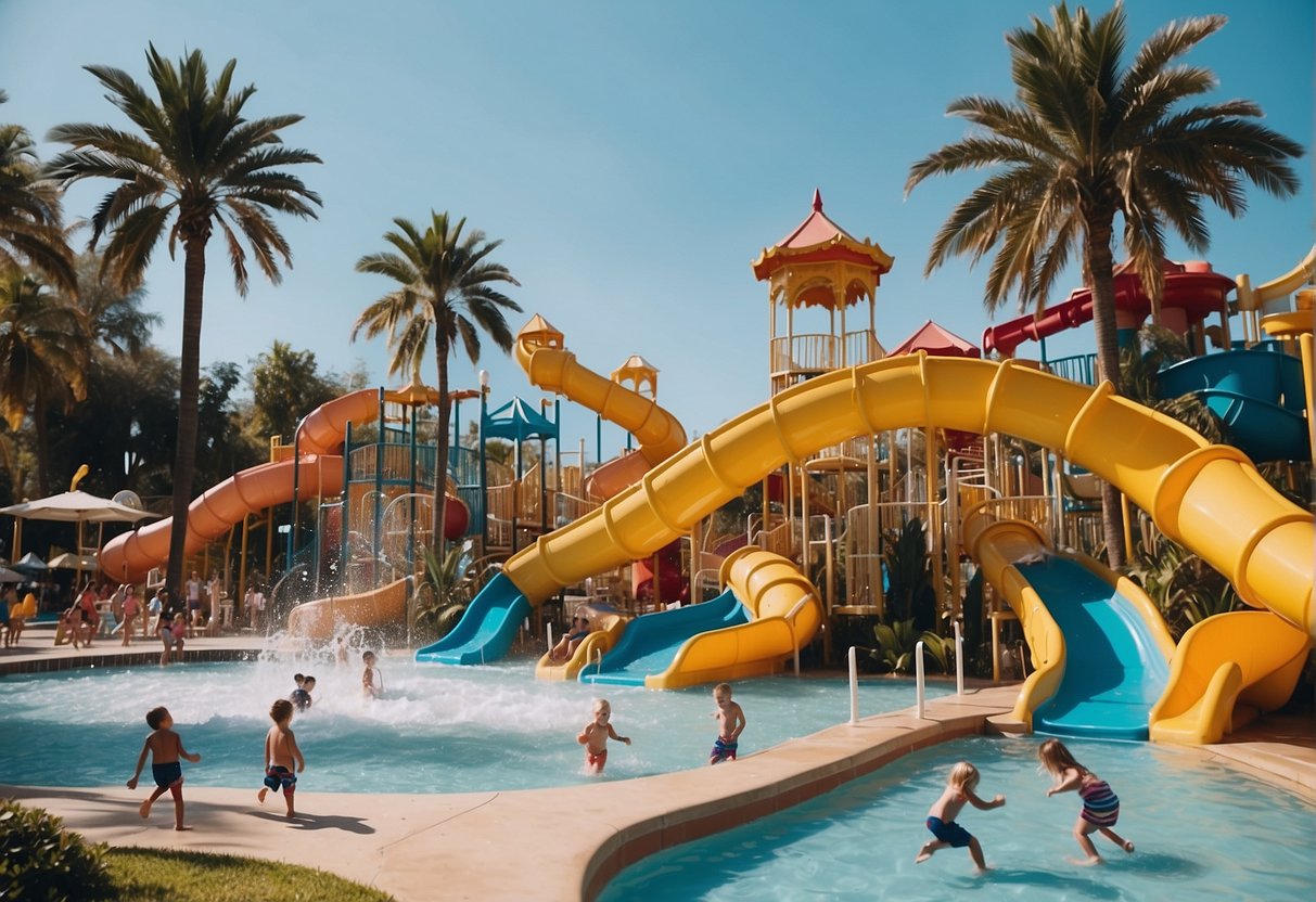 A vibrant water park with colorful slides and splash pads, surrounded by palm trees and happy children playing in the water