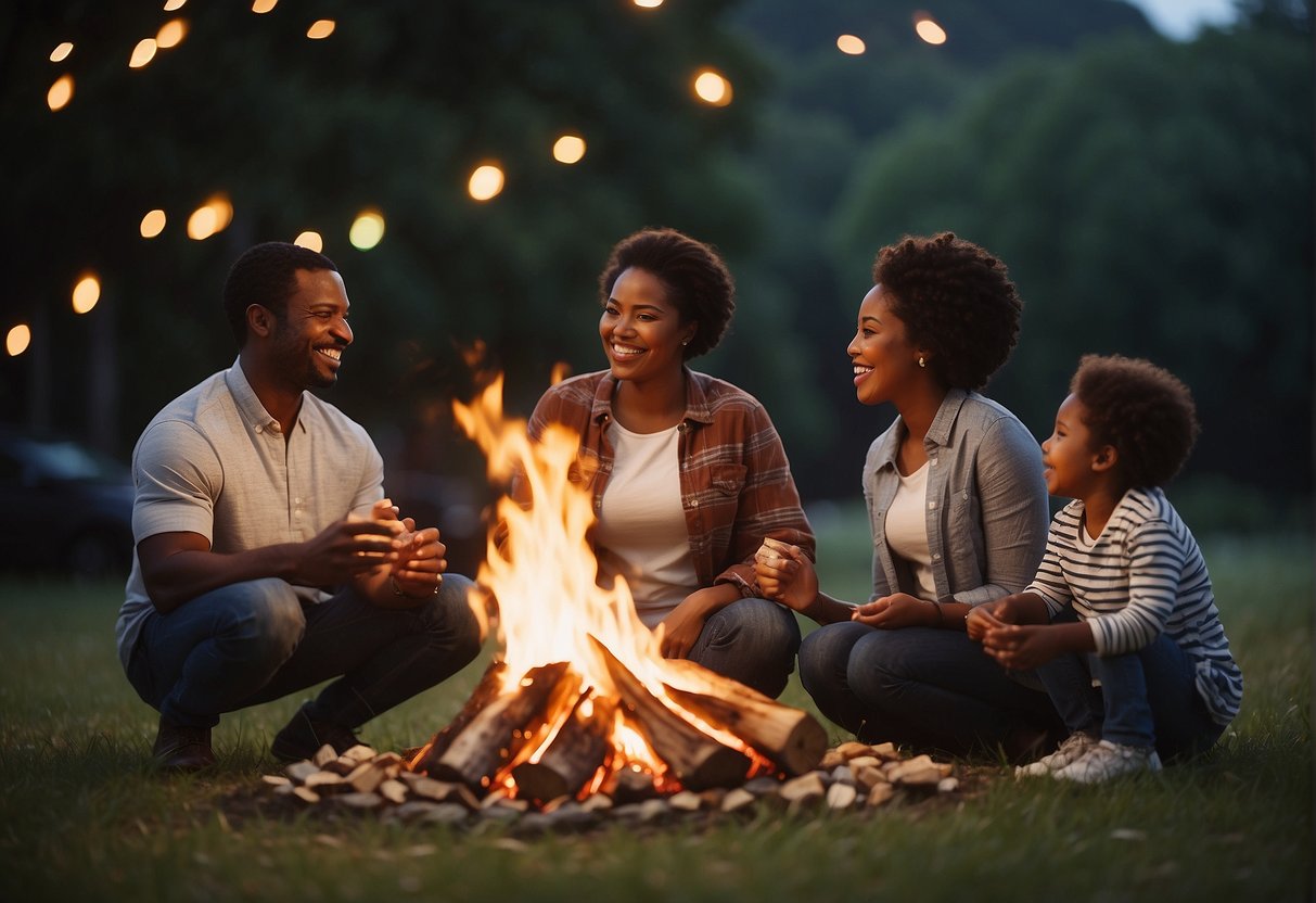 African American family celebrating financial independence with a bonfire, symbolizing the beginning of their FIRE journey